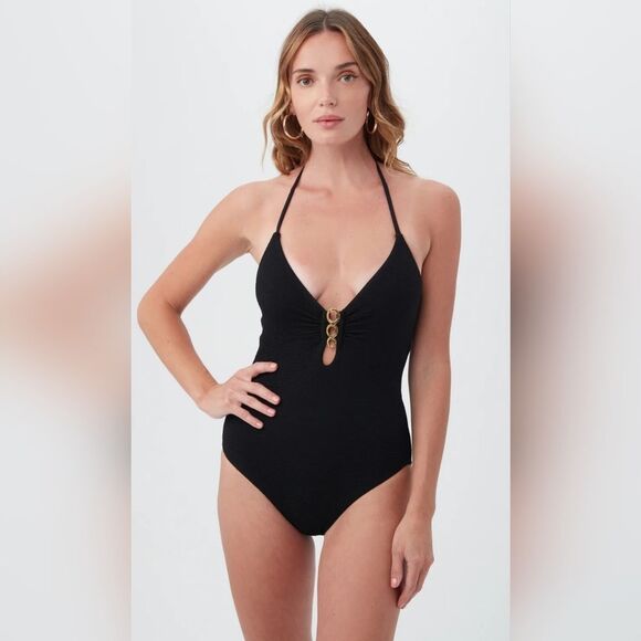TRINA TURK Black Sands Halter Plunge One Piece Swimsuit NWOT Size 12 - Picture 1 of 7